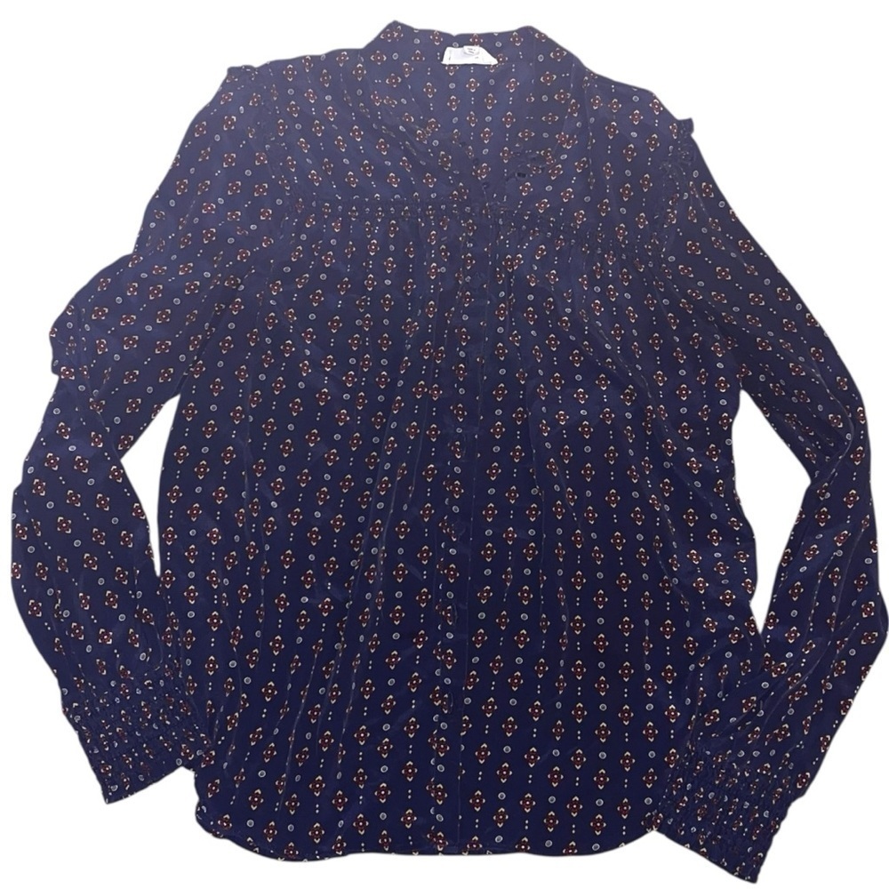 A Loves A  Silk Navy Ruched Ruffle Long Sleeve Blouse Top  Long Sleeve